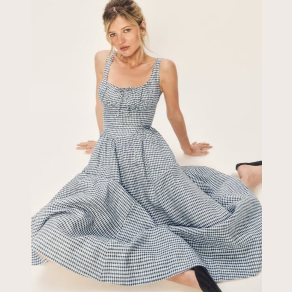 NWOT Reformation Balia Linen Dress in Slate Check Blue White Sleeveless Size 2